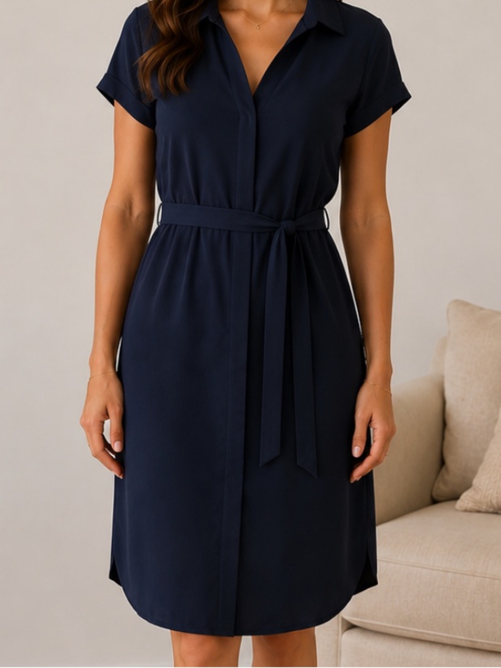 Halston Heritage Navy Short Sleeve Tie-Waist Midi Dress